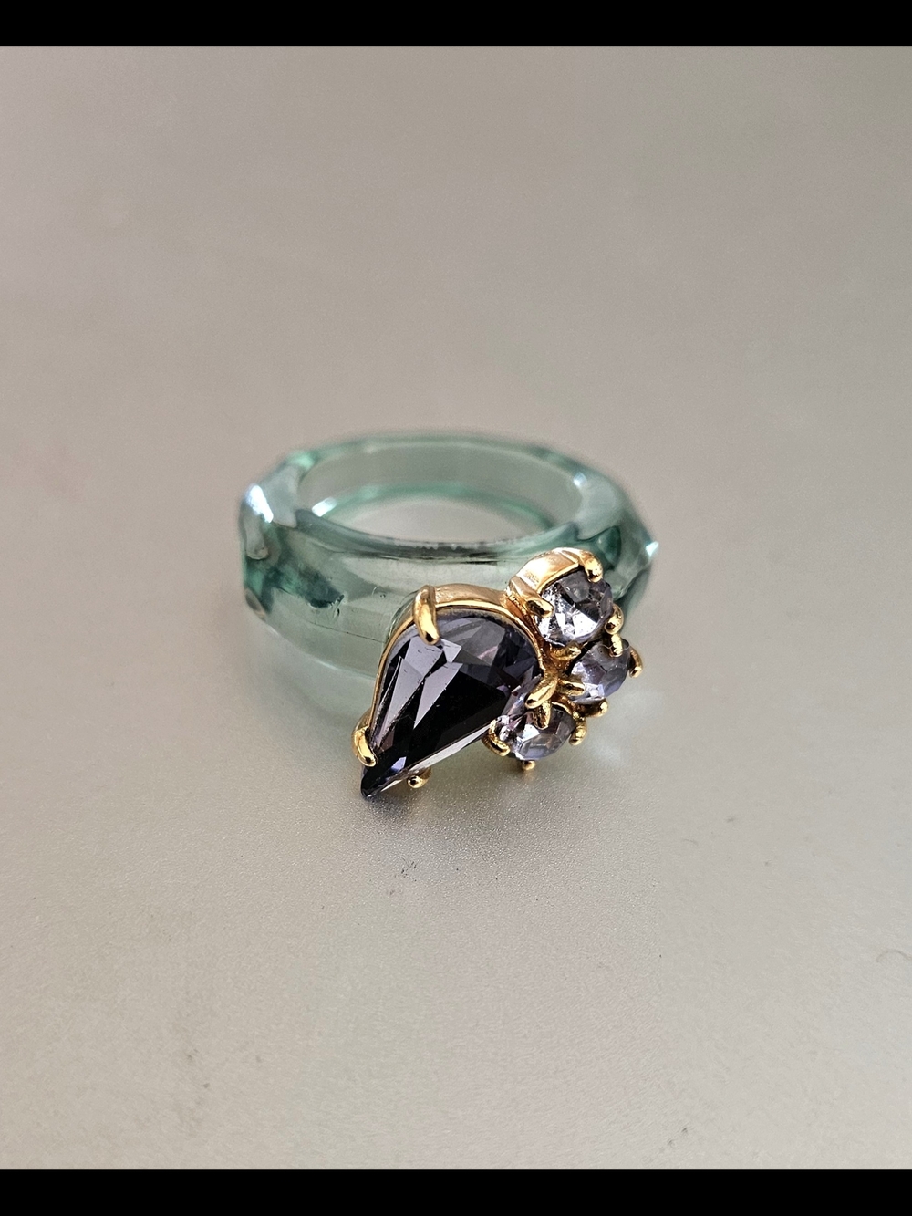 J Crew Green Acrylic Ring with Purple crystal New.